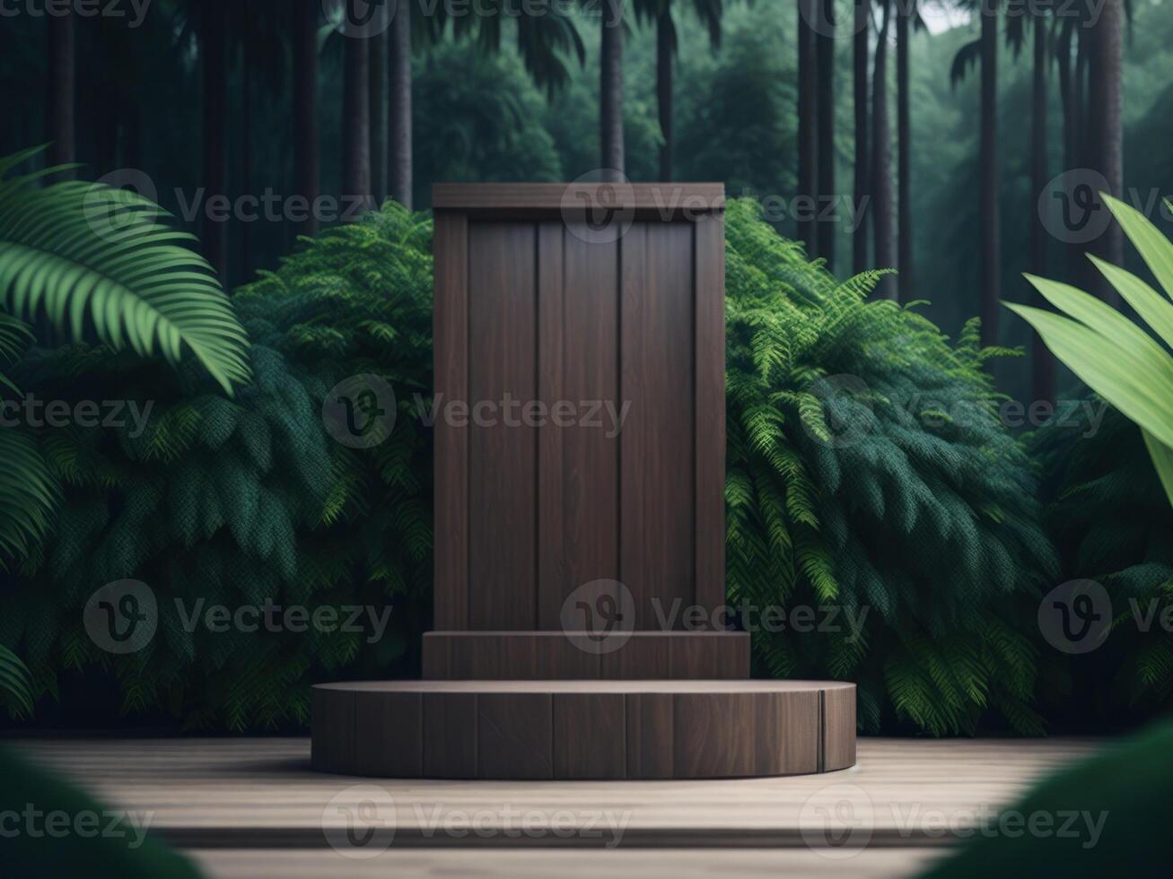 3D render Wooden podium mockup in tropical forest for product presentation and green background. photo
