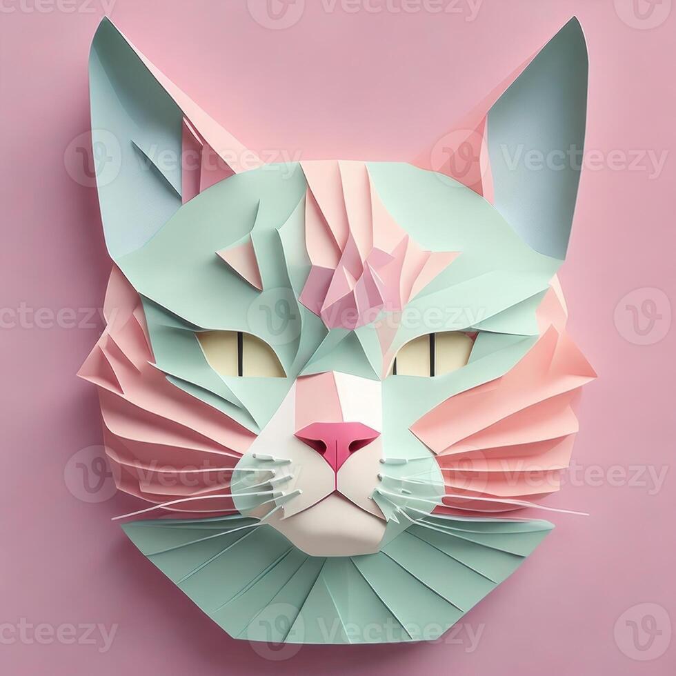 cat head, paper art style illustration.Generative AI photo