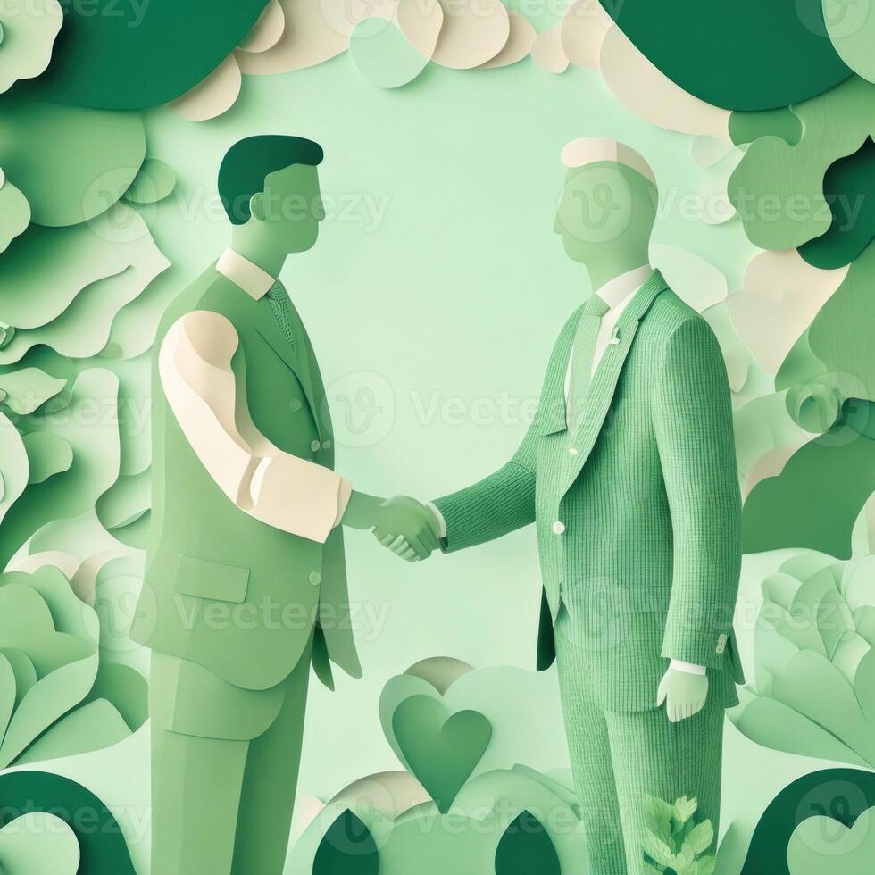 business hand shaking, paper art style illustration, pastel color theme. photo