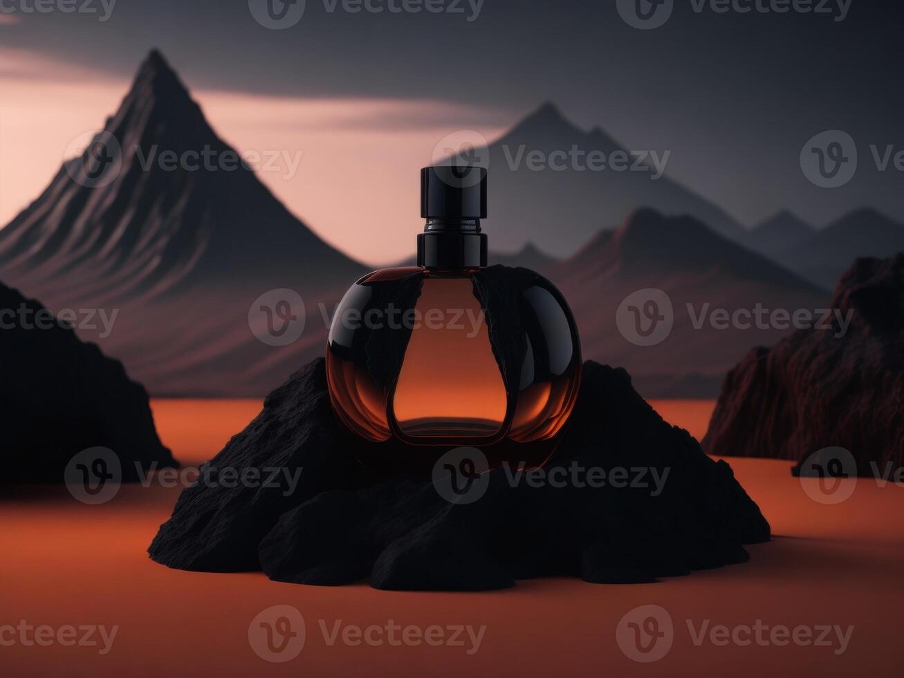 blank perfume bottle podium mockup in lava stream for product presentation and lava mountain ground background.. photo