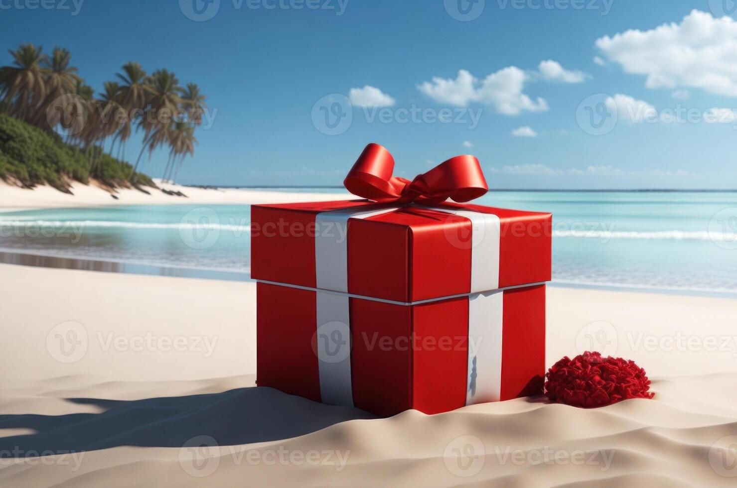 Empty gift box open mockup in sandy beach for product presentation and sea background. photo