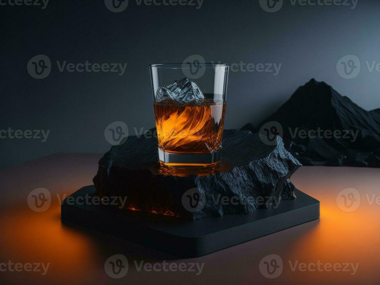 blank Whiskey glass with a small round ice cube in the glass podium mockup in lava stream for product presentation and lava mountain ground background.Generative AI photo