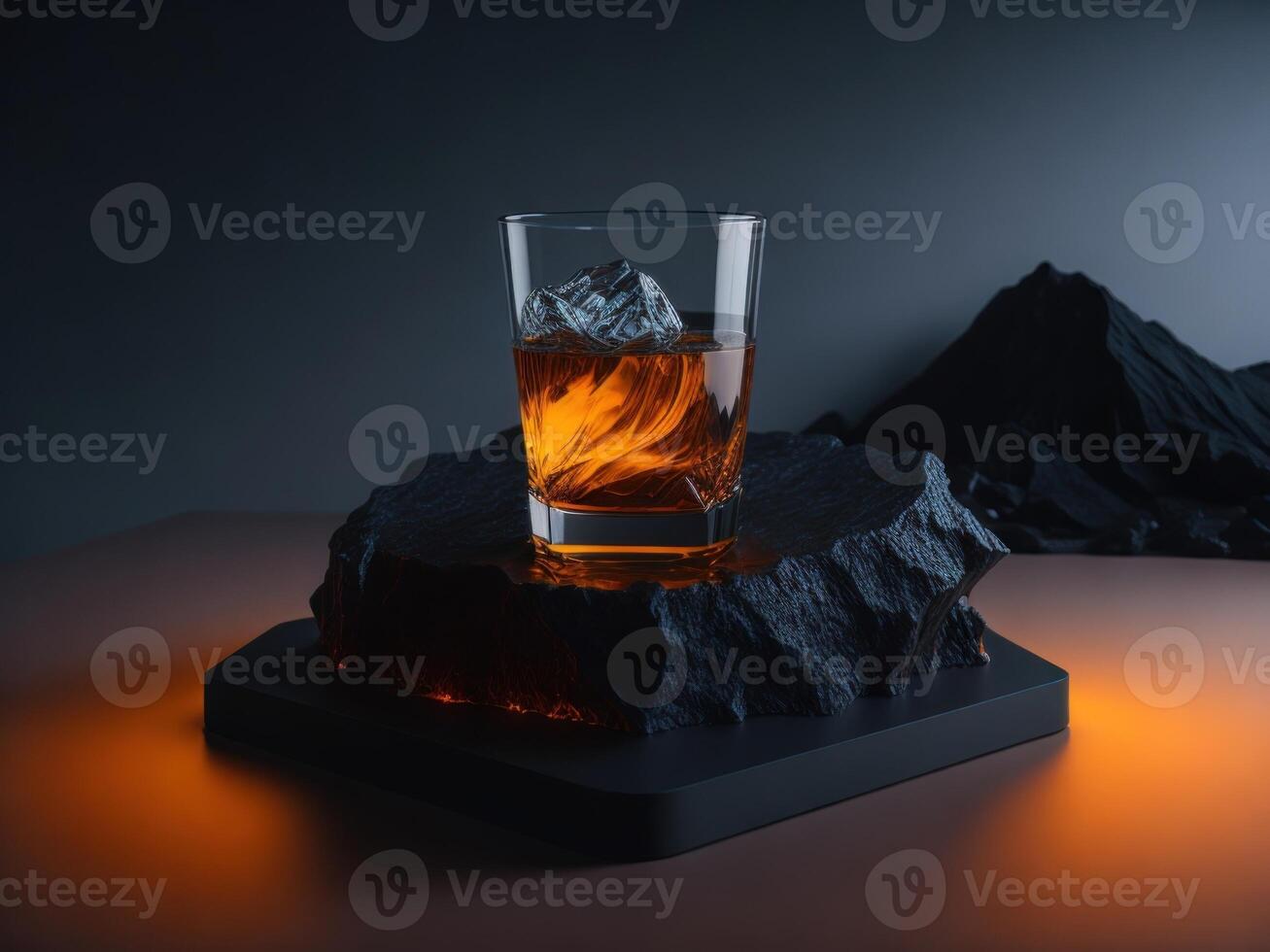 blank Whiskey glass with a small round ice cube in the glass podium mockup in lava stream for product presentation and lava mountain ground background. photo