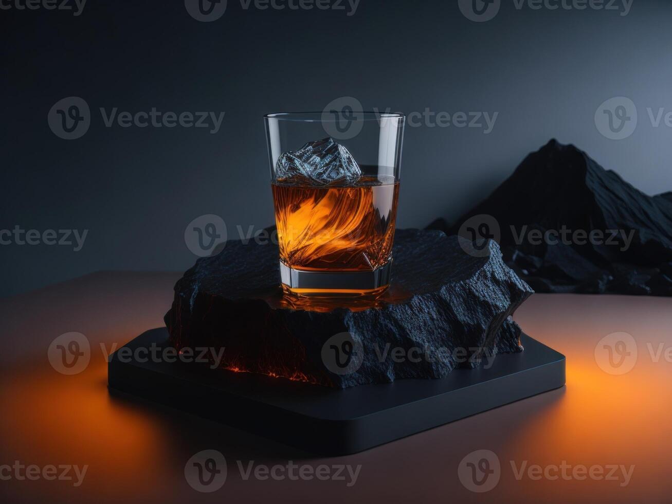 blank Whiskey glass with a small round ice cube in the glass podium mockup in lava stream for product presentation and lava mountain ground background.Generative AI photo