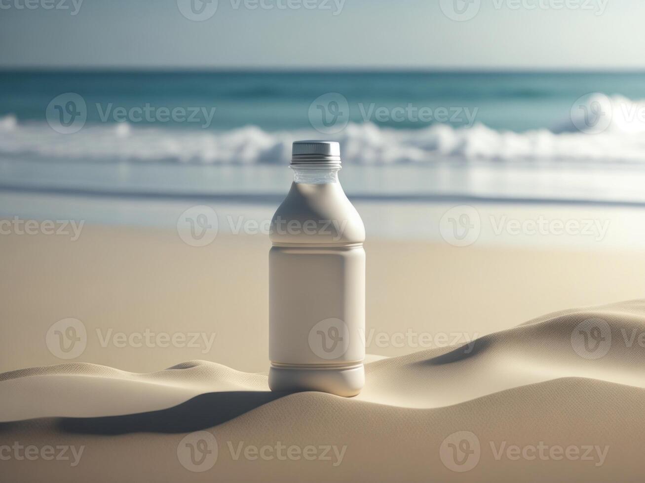 blank Empty drink bottle mockup in sand beach for product presentation and beach background. photo