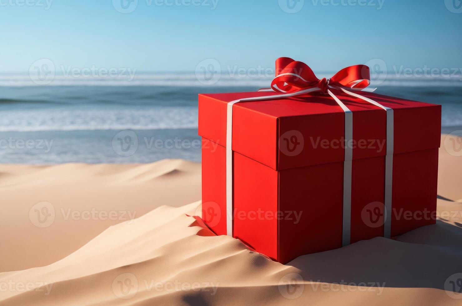 Empty gift box open mockup in sandy beach for product presentation and sea background.Generative AI photo