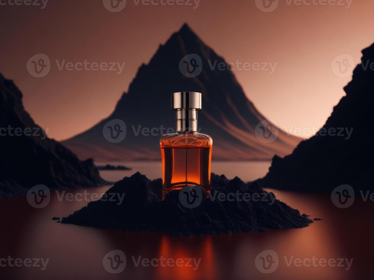 blank perfume bottle podium mockup in lava stream for product presentation and lava mountain ground background.Generative AI. photo