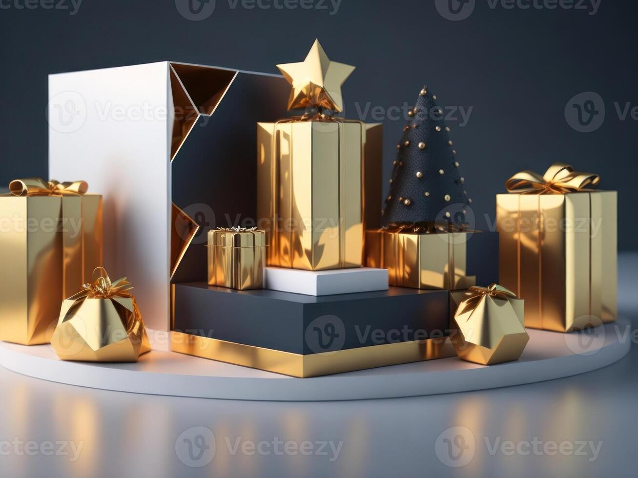 3d rendering of podium mockup promotion sale with gifts, shopping.Generative AI photo