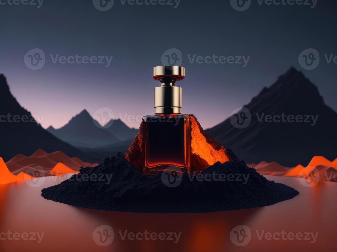 blank perfume bottle podium mockup in lava stream for product presentation and lava mountain ground background.Generative AI. photo