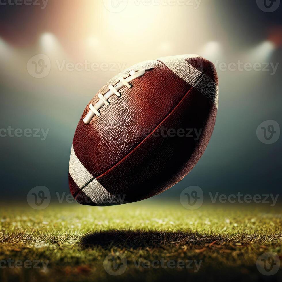 An American football ball floats above the grass in a floodlit field.Generative AI photo