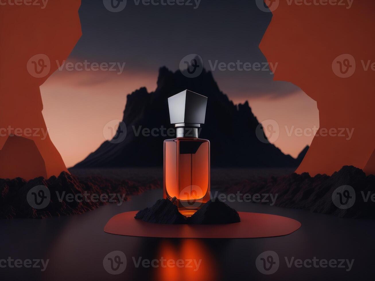 blank perfume bottle podium mockup in lava stream for product presentation and lava mountain ground background.Generative AI. photo