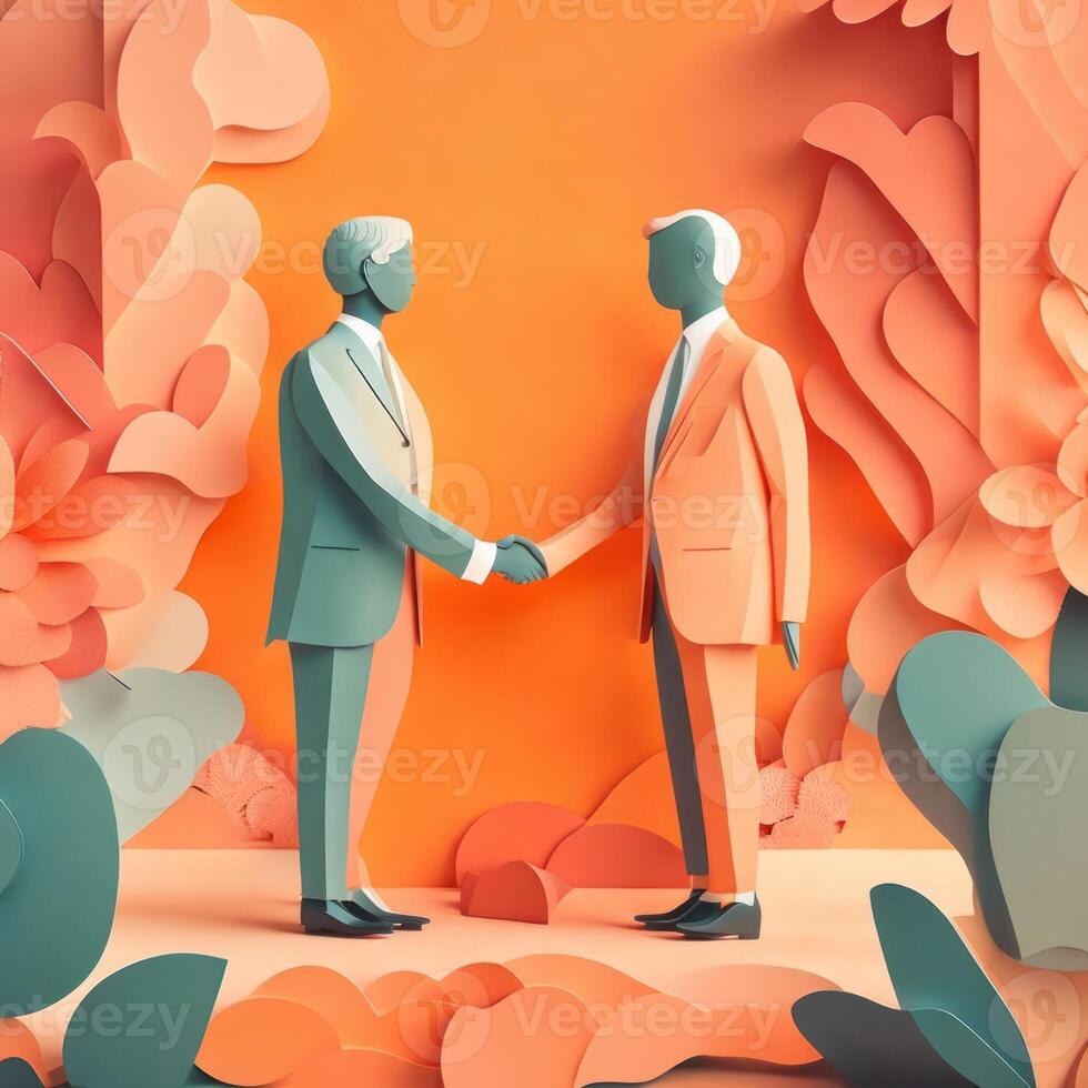 business hand shaking, paper art style illustration, pastel color theme. photo