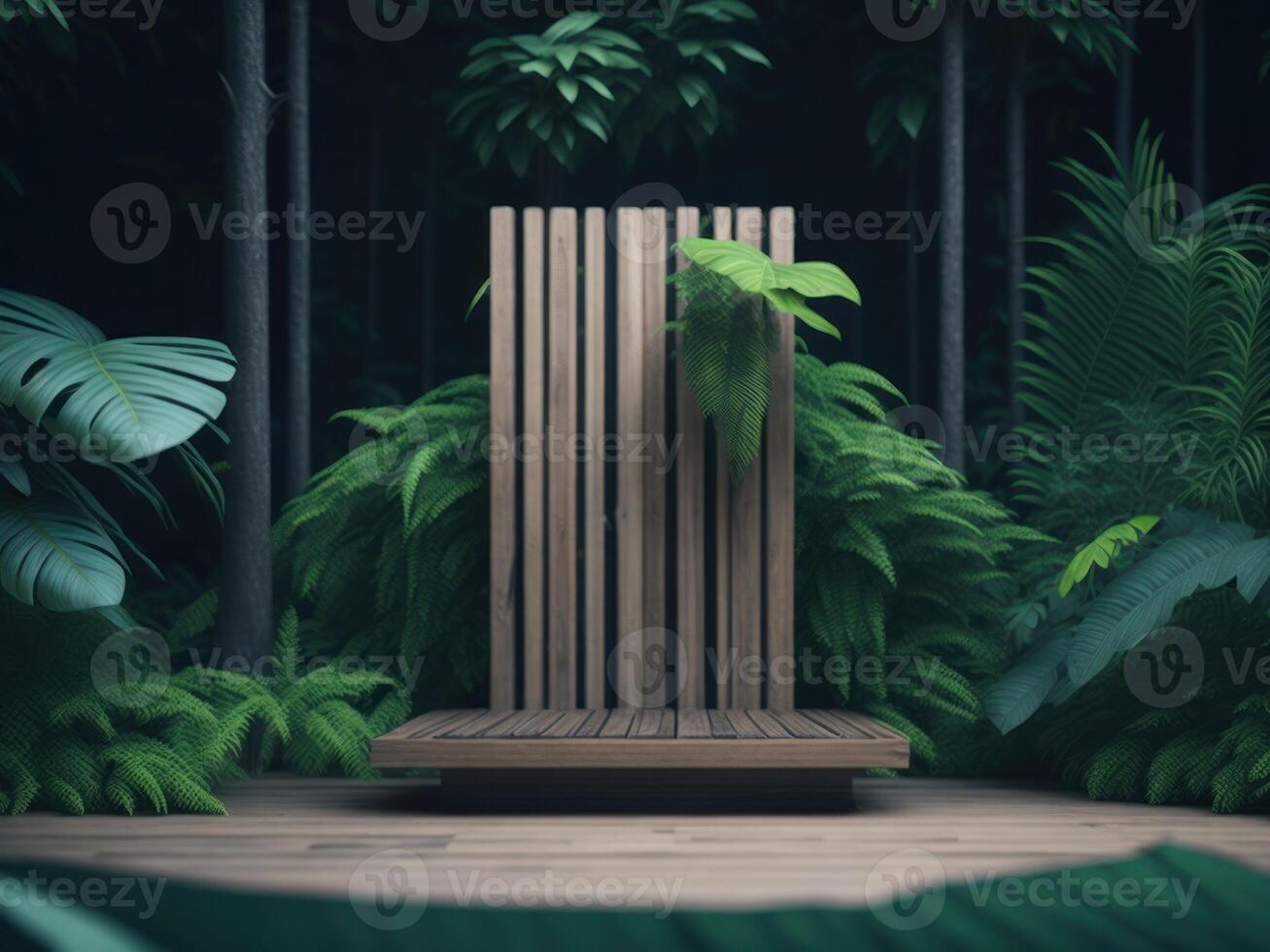 3D render Wooden podium mockup in tropical forest for product presentation and green background. photo