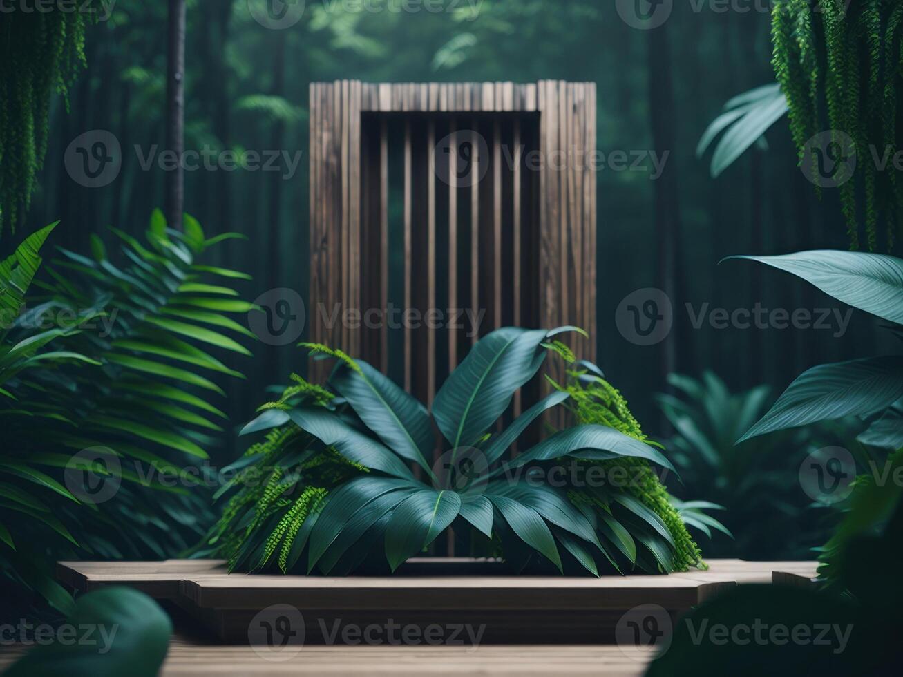 3D render Wooden podium mockup in tropical forest for product presentation and green background. photo