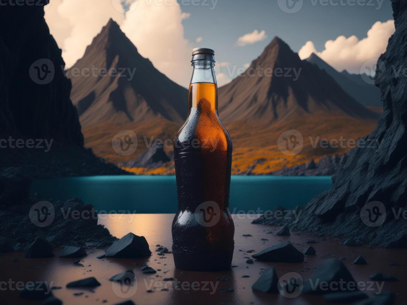 blank soda bottle podium mockup in lava stream for product presentation and lava mountain ground background.Generative AI. photo