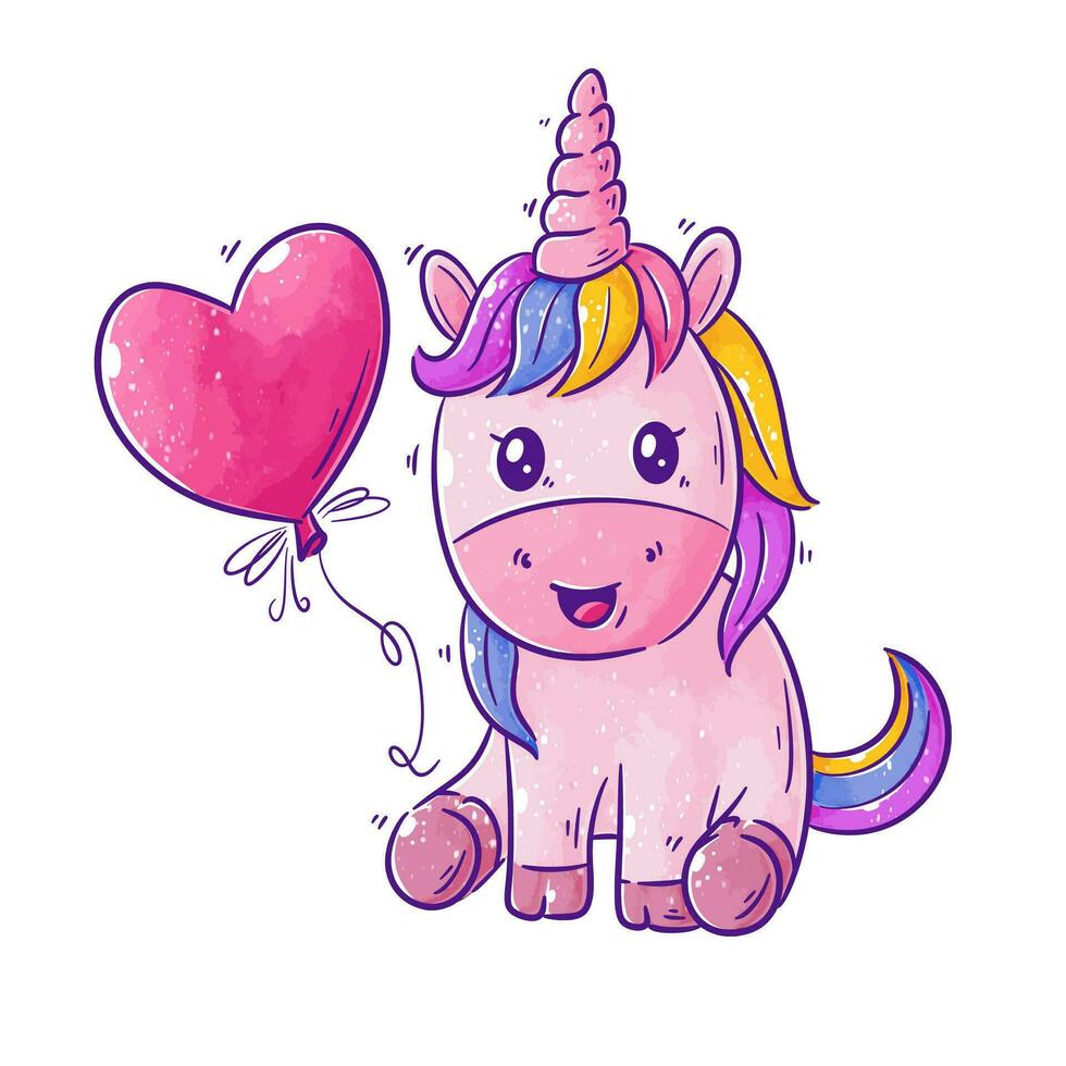 linda unicornio es sentado y que lleva globos dibujos animados vector