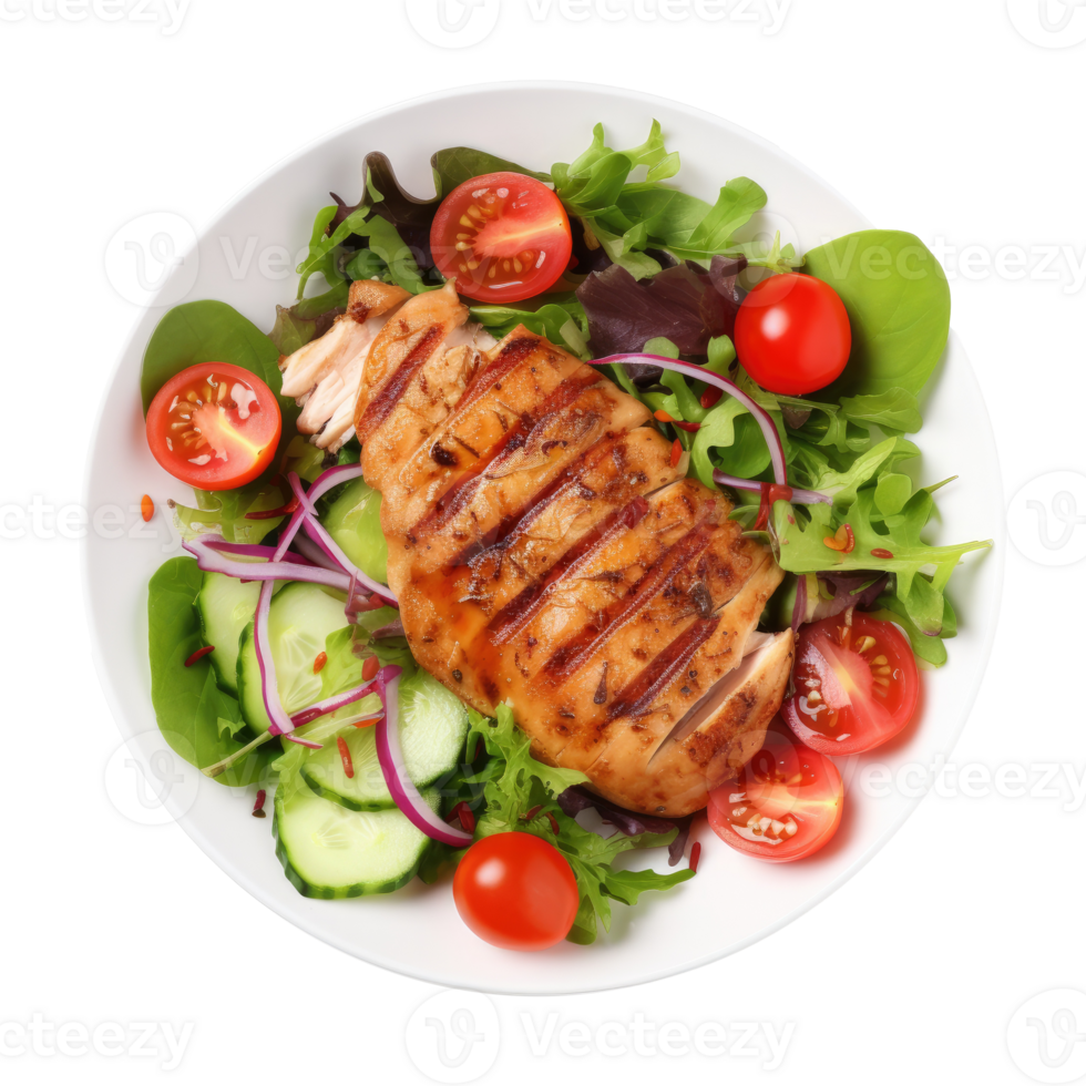 Grilled chicken breast and vegetables isolated. Illustration png
