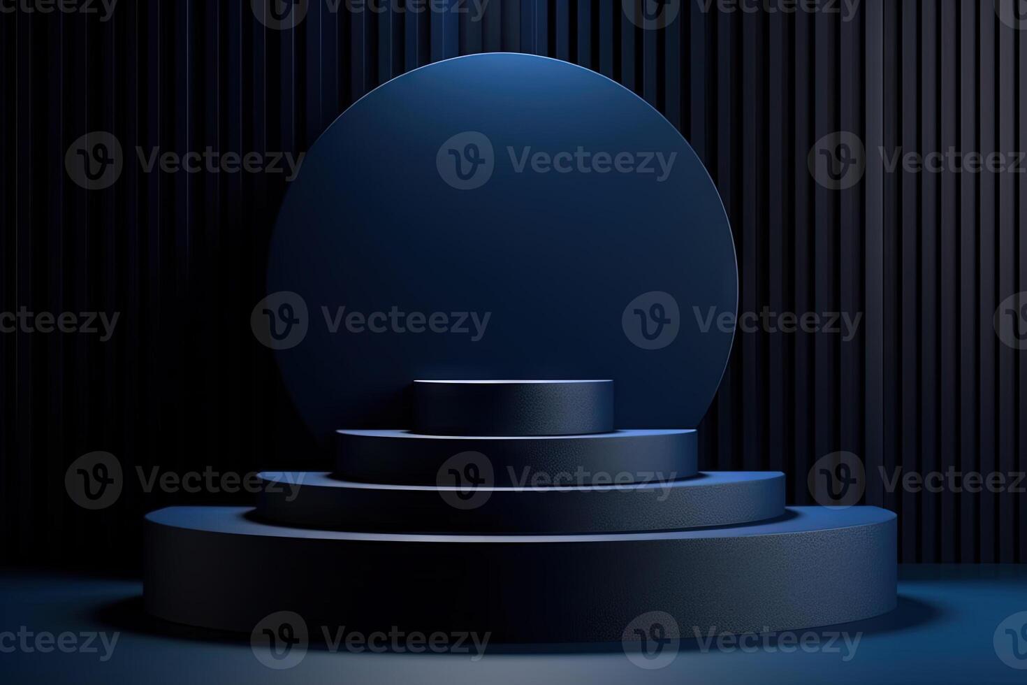 Dark blue pedestal in black room with geometric shapes. Podium for product showcase. . photo