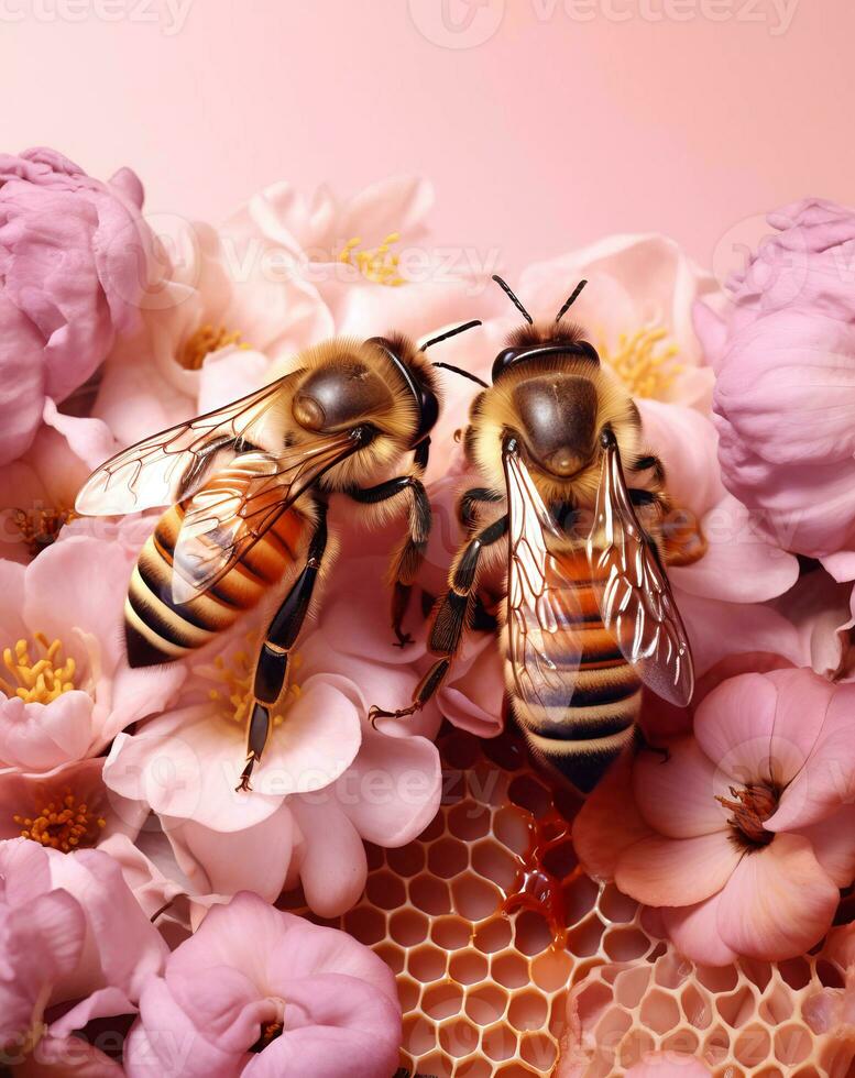 Two honeybees on pink spring flowers and pink background photo