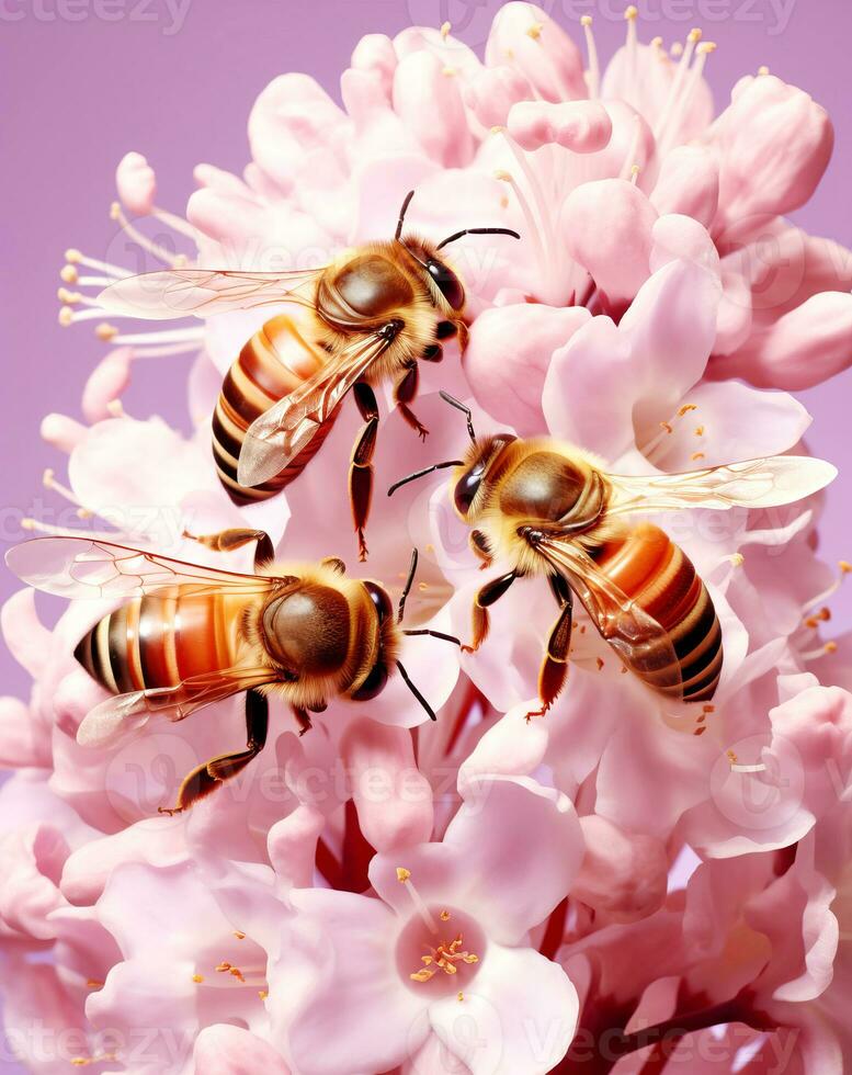 Three honeybees on pink spring flowers and pink background photo