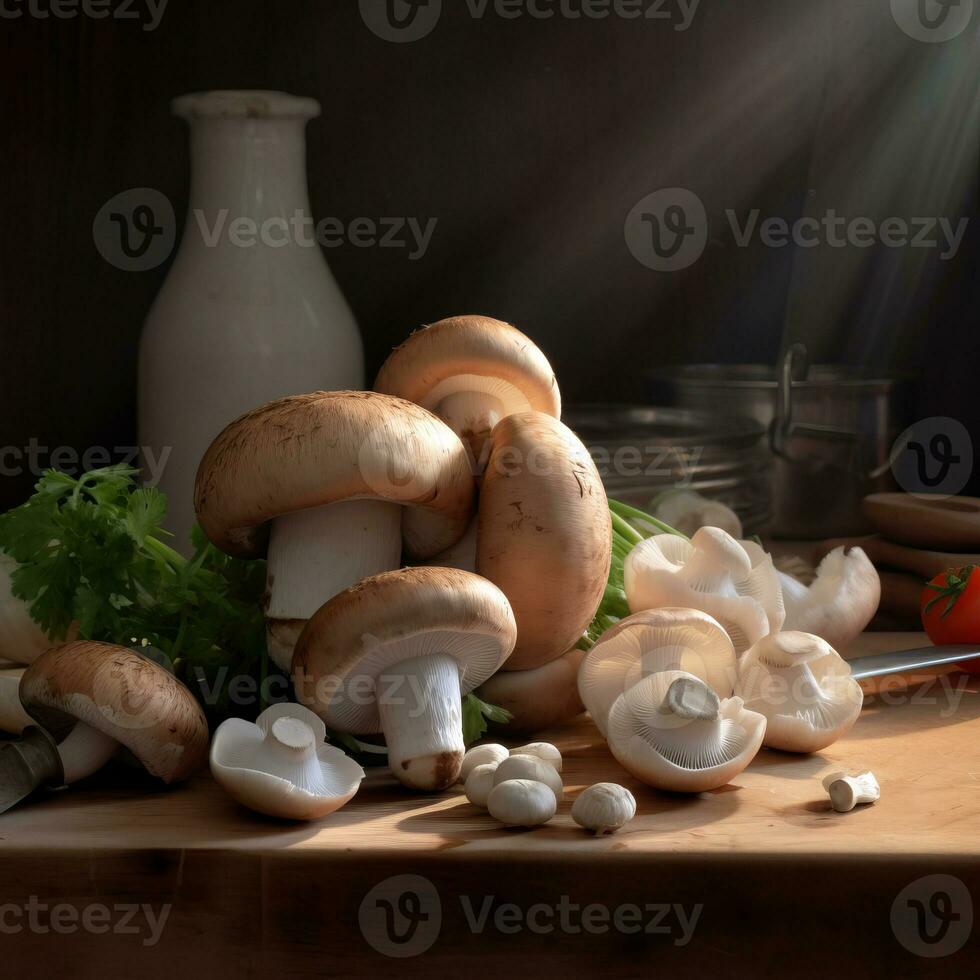 hongos hongos y otro ingredientes a obtener comida en el mesa foto