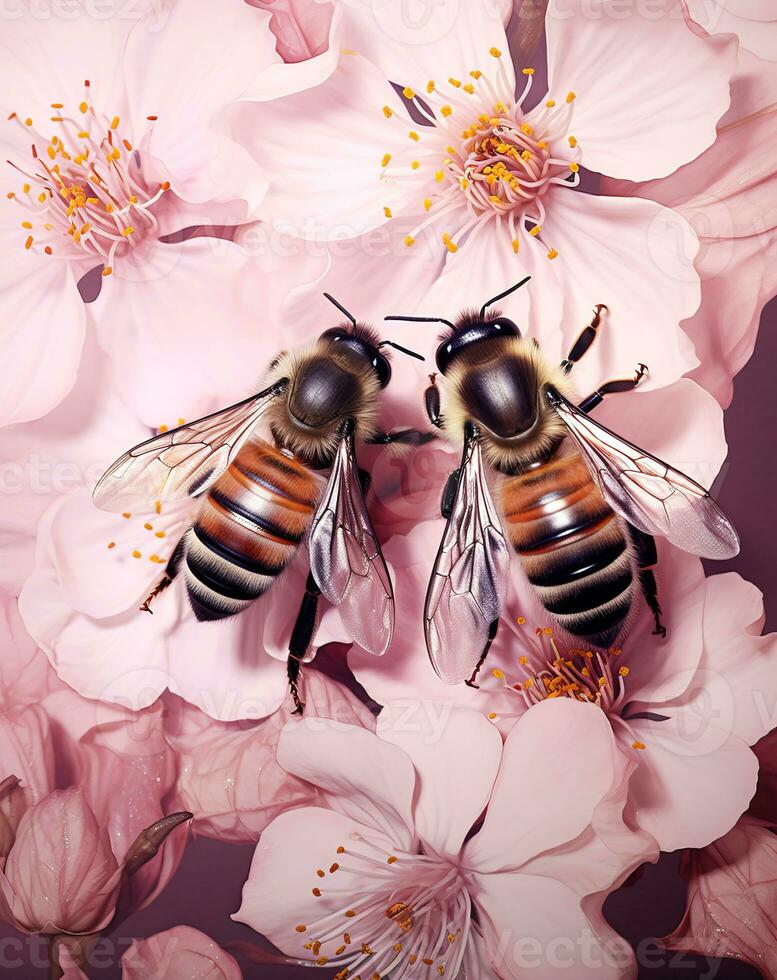 Two honeybees on pink spring flowers and pink background 26402546 Stock