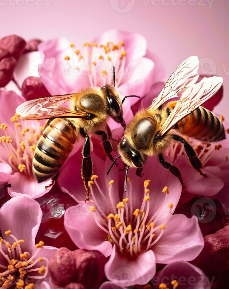 Two honeybees on pink spring flowers and pink background 26402547 Stock
