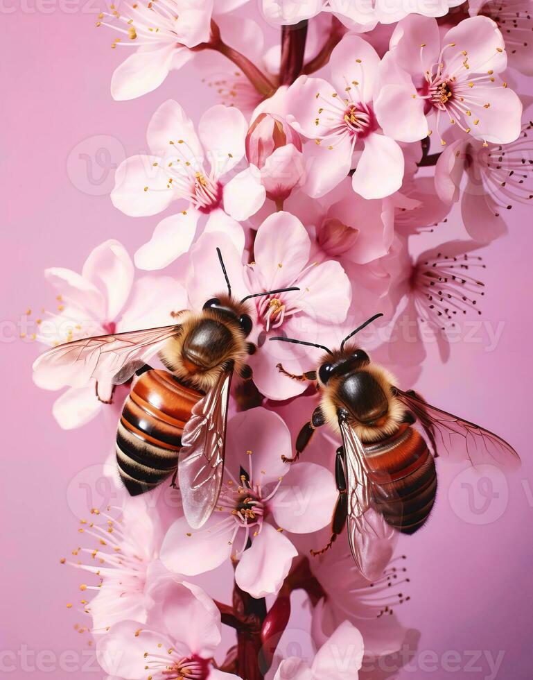 Two honeybees on pink spring flowers and pink background 26402553 Stock