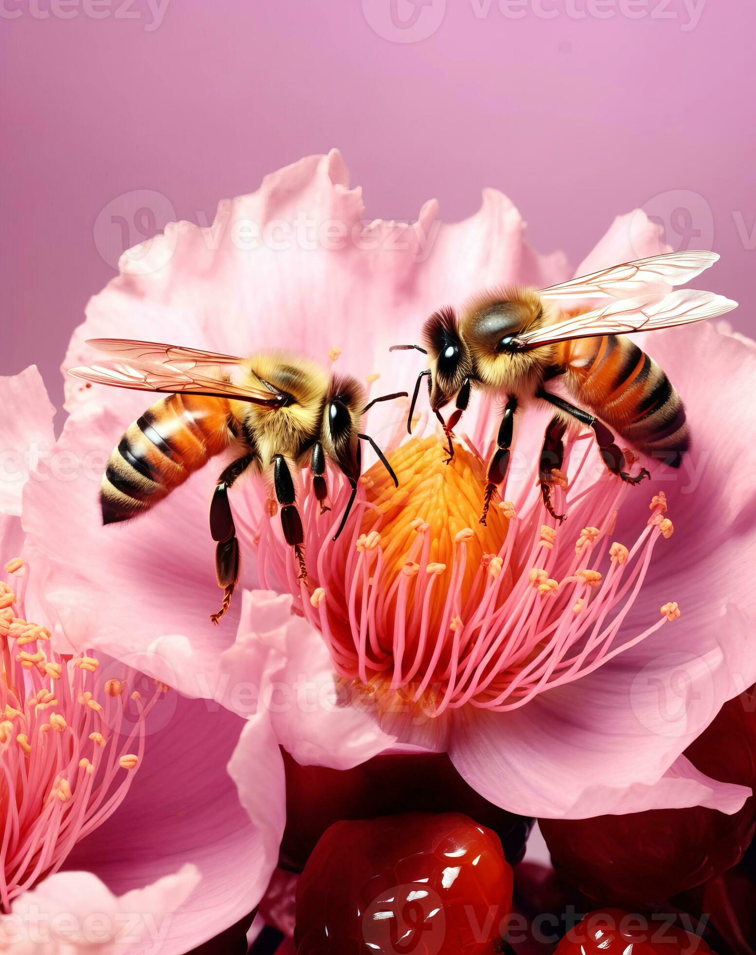 Two honeybees on pink spring flowers and pink background 26402560 Stock