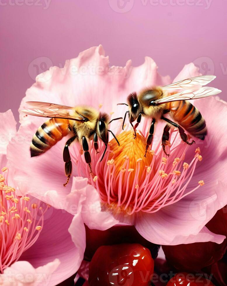 Two honeybees on pink spring flowers and pink background photo