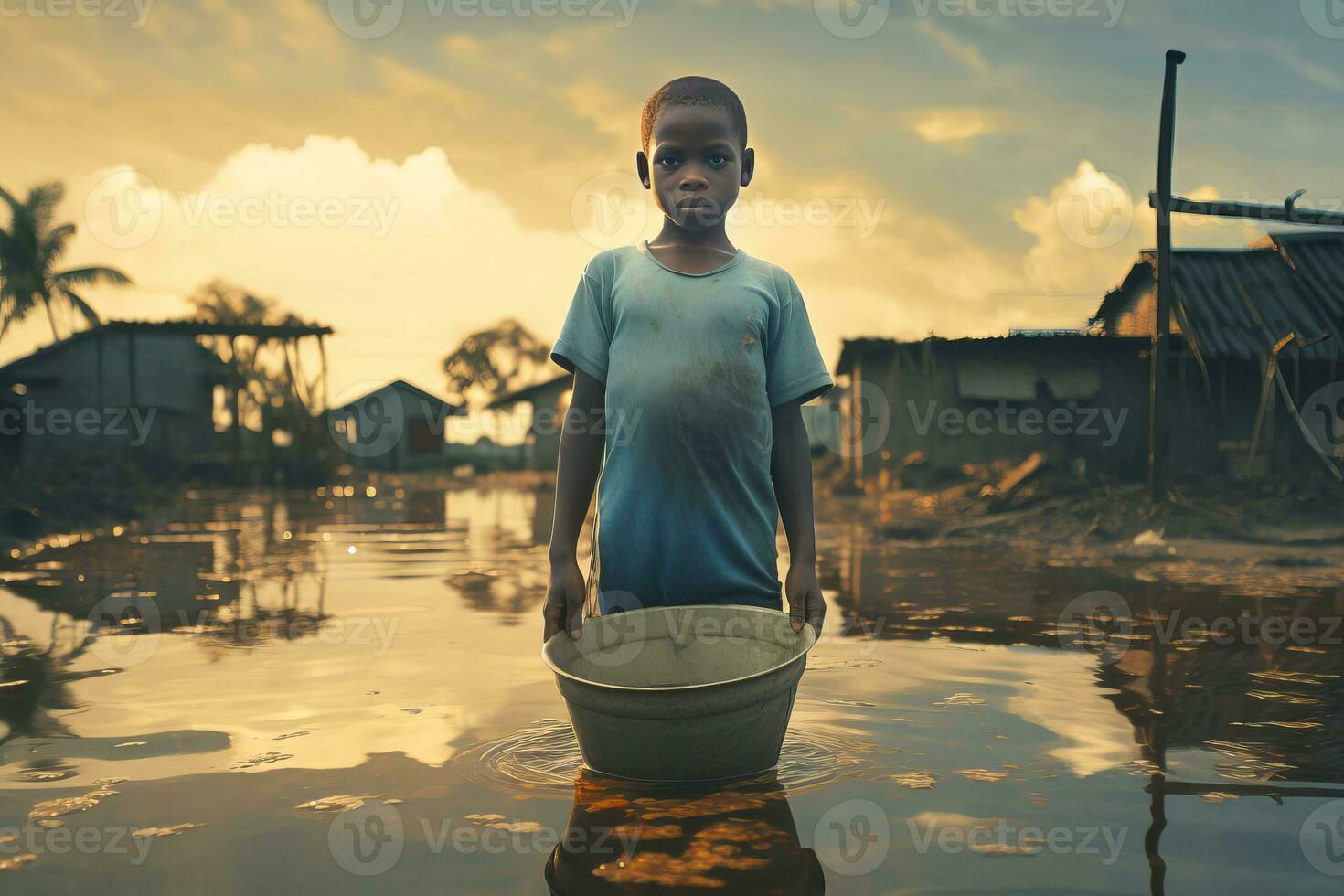 African boy draw water into bottles from a river. photo