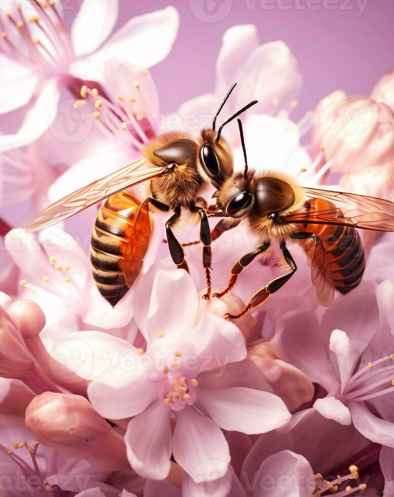 Two honeybees on pink spring flowers and pink background 26402567 Stock