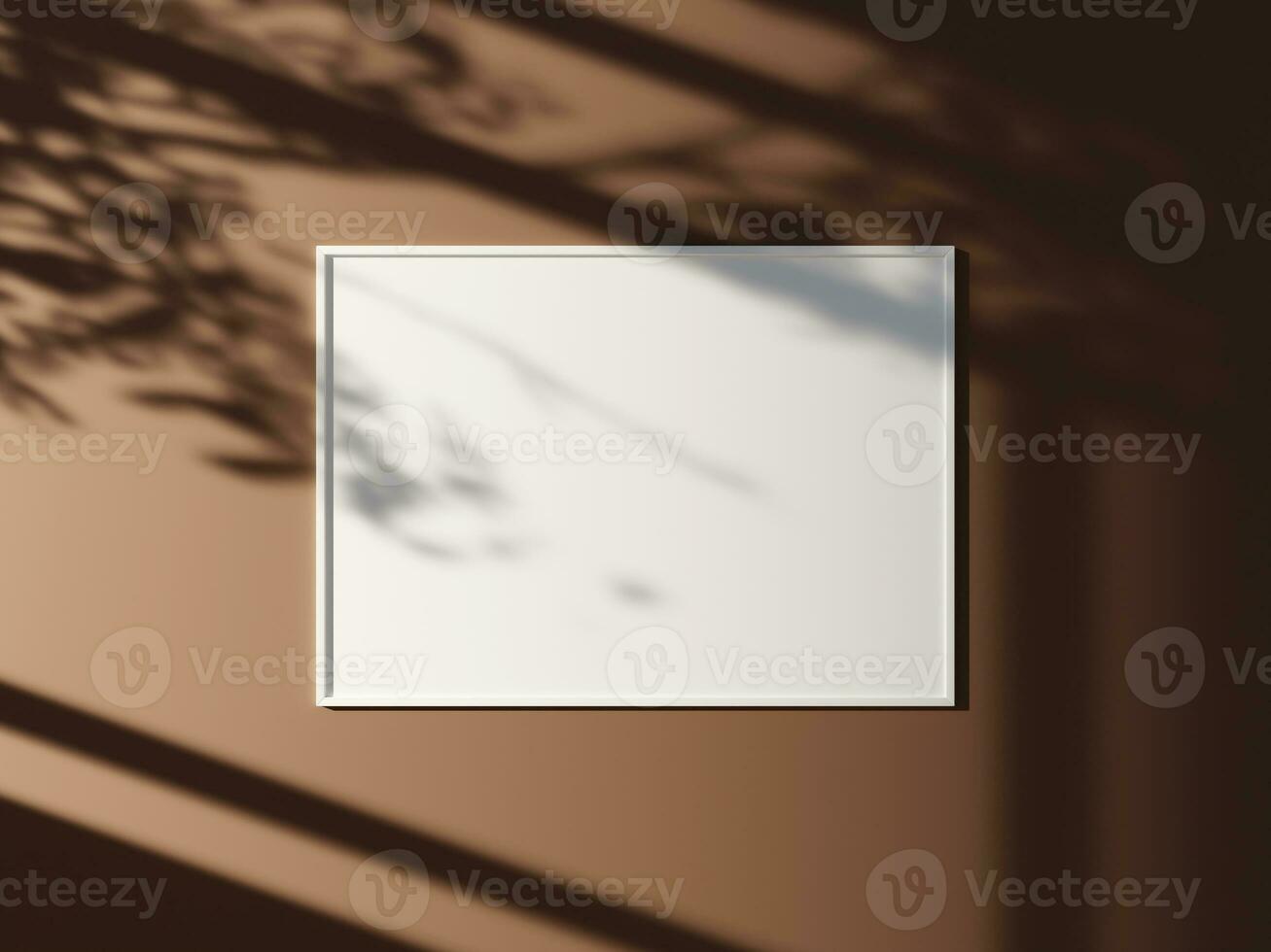 Minimal picture poster frame mockup on the wall with window shadow and leaves photo