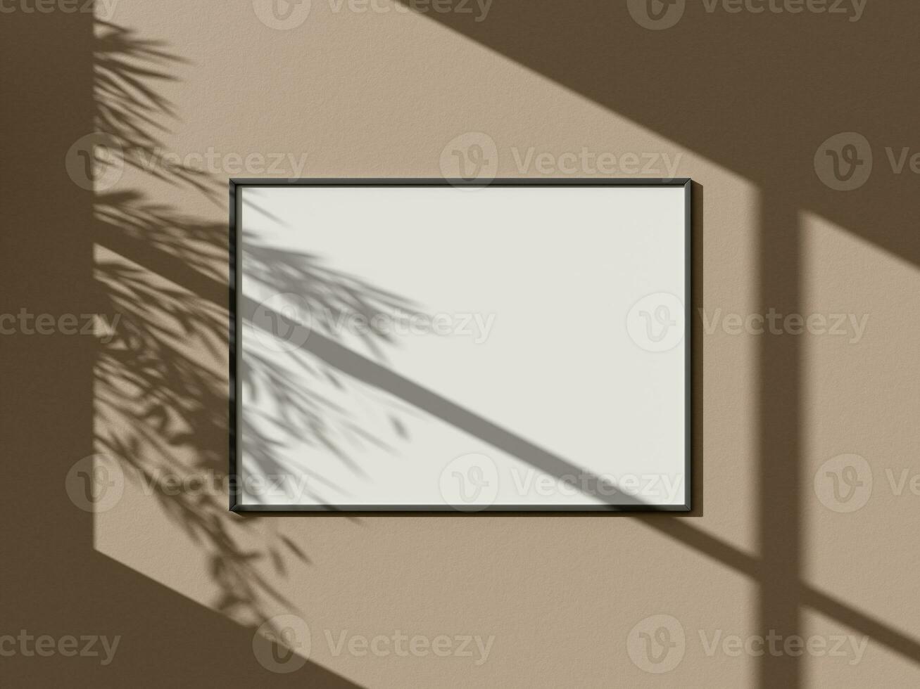 Minimal black horizontal picture poster frame mockup on wall leaf shadow photo