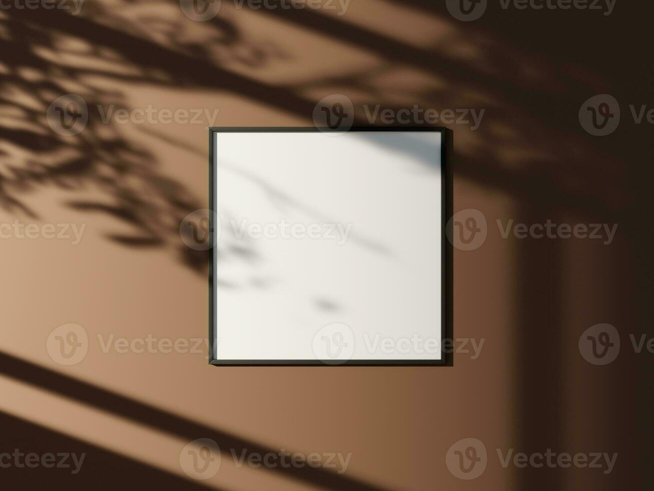 Minimal picture poster frame mockup on the wall with window shadow and leaves photo
