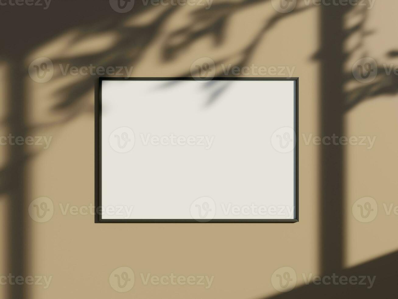 Minimal picture poster frame mockup on the wall with window shadow and leaves photo
