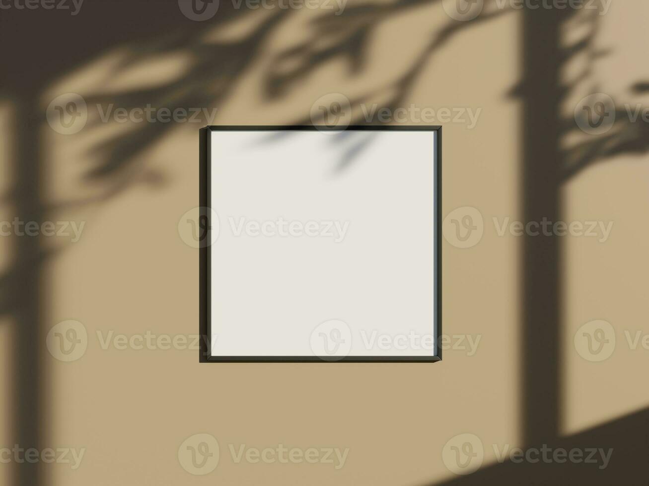 Minimal picture poster frame mockup on the wall with window shadow and leaves photo