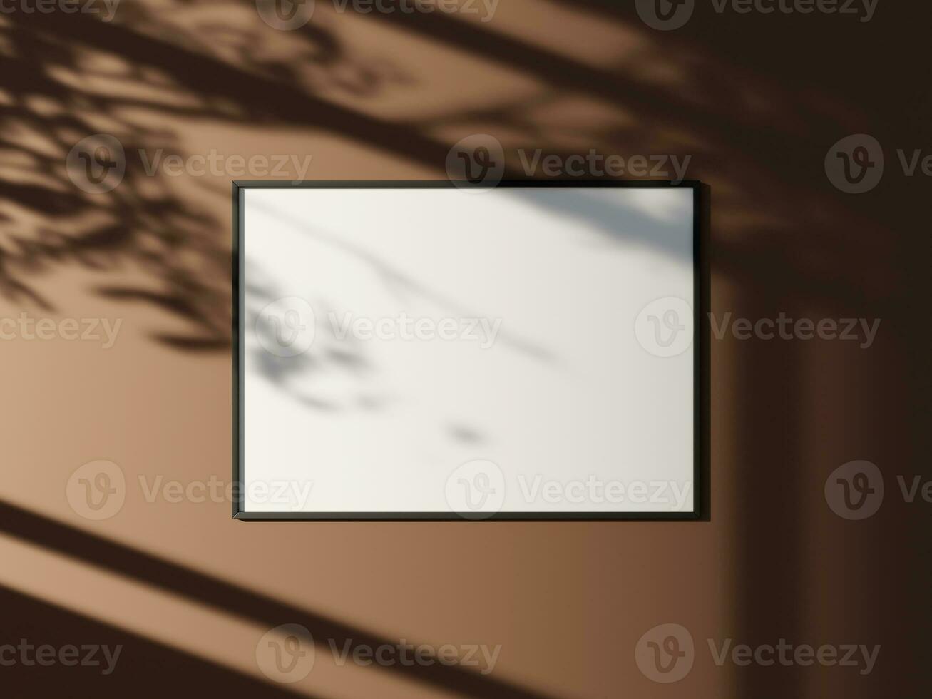 Minimal picture poster frame mockup on the wall with window shadow and leaves photo