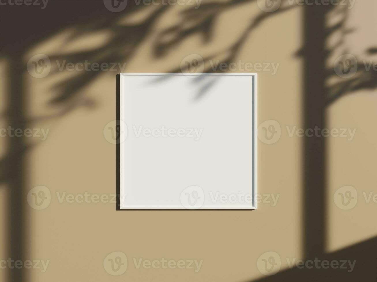 Minimal picture poster frame mockup on the wall with window shadow and leaves photo