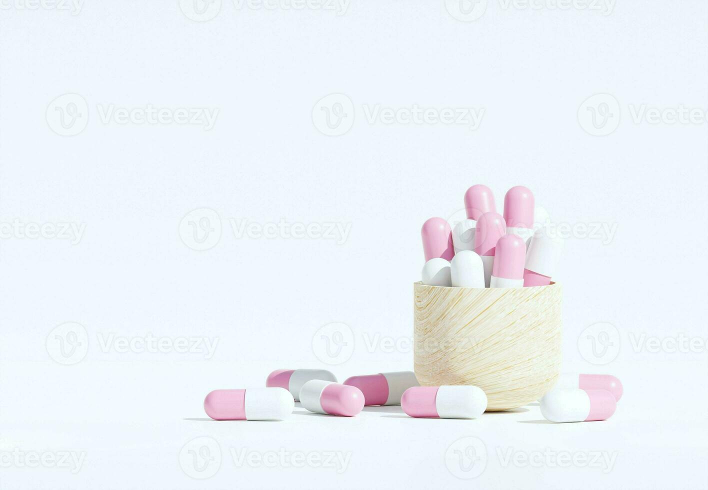 Cute Pink Medicine Pills. Small pills capsule. 3D Rendering. Pharmacy and Healthcare concept. Drugs awareness. photo