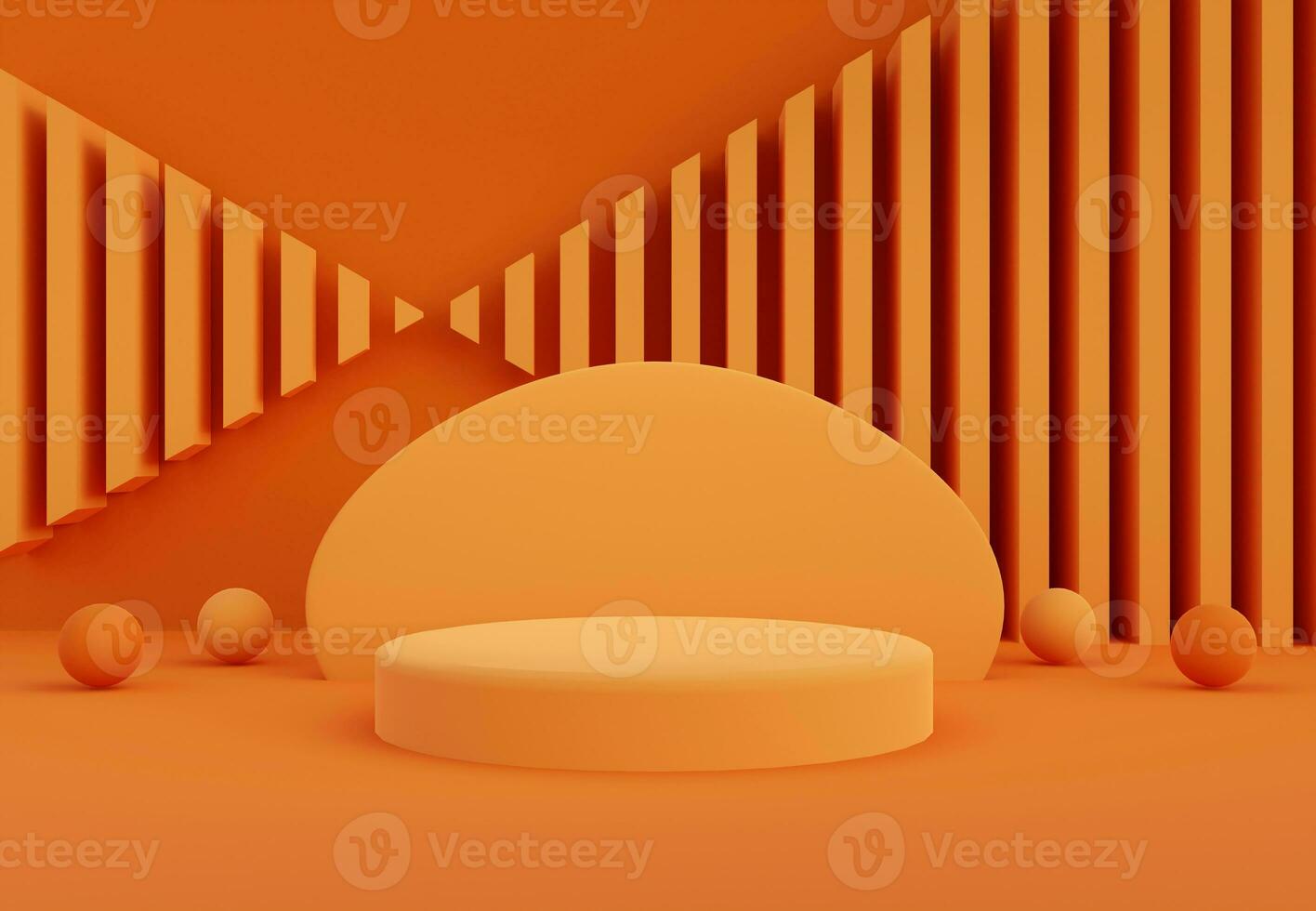 Orange cylinder podium with abstract stripe wall. Stand to show products. Stage showcase with copy space. Pedestal display. 3D rendering. photo