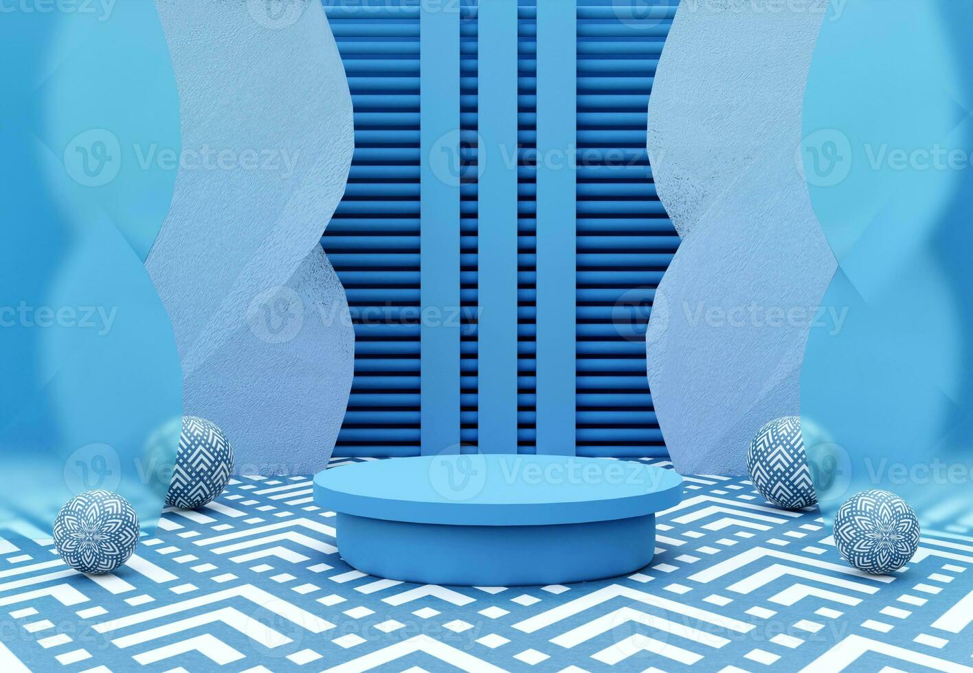 Blue podium with abstract art objects. Stand to show products. Stage showcase with modern scene. Pedestal display. 3D rendering. Studio platform template. photo