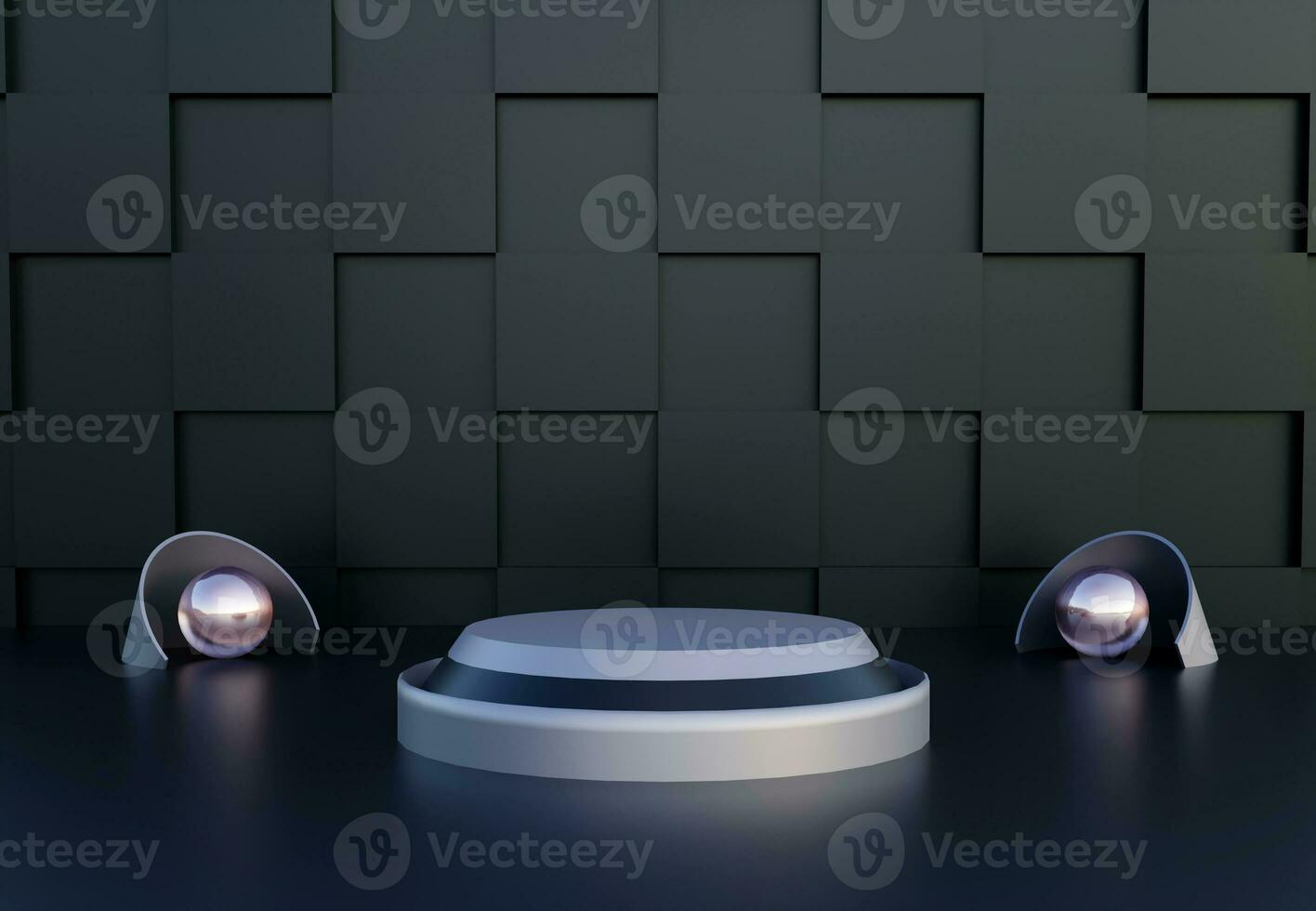 Silver podium with abstract black wall. Stand to show products. Stage showcase with modern scene. Pedestal display with copy space. 3D rendering. Studio platform template. photo