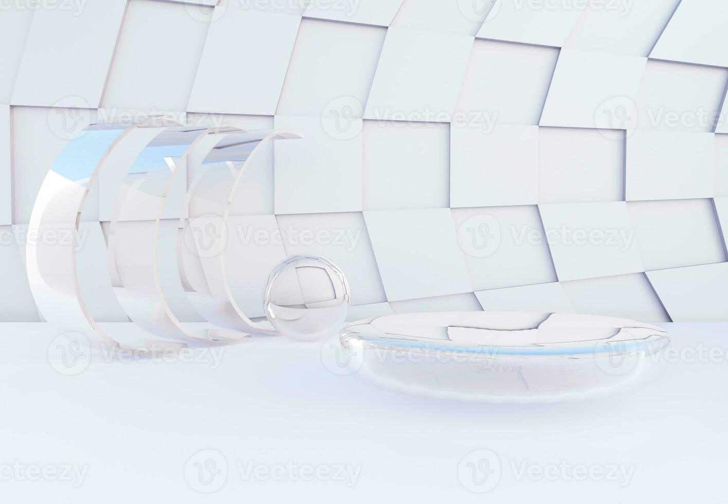Glass podium with abstract art white wall. Stand to show products. Stage showcase with modern white scene. Pedestal display. 3D rendering. Studio platform template. photo