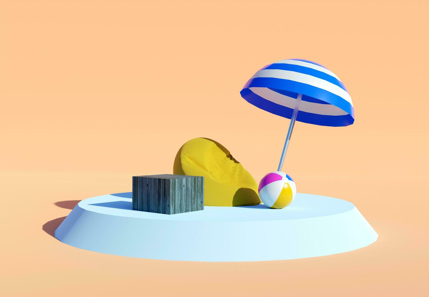 Beach vacation concept including bean bag, table, ball, and beach umbrella. 3D Rendering. photo