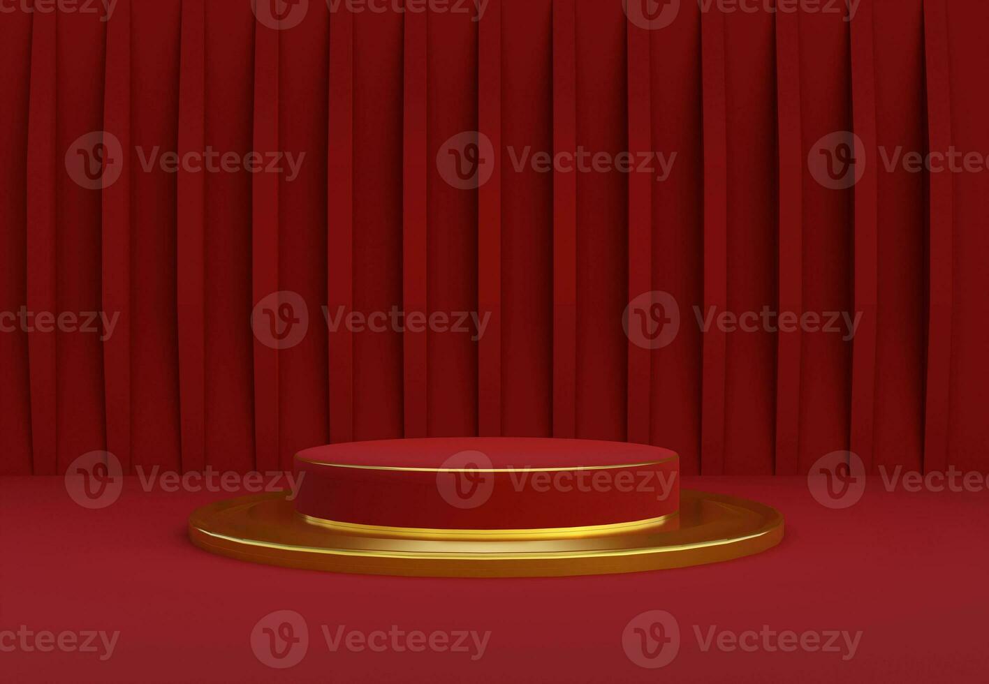 Red and golden podium with abstract art wall. Stand to show products. Stage showcase with modern scene. Pedestal display. 3D rendering. Studio platform template. photo