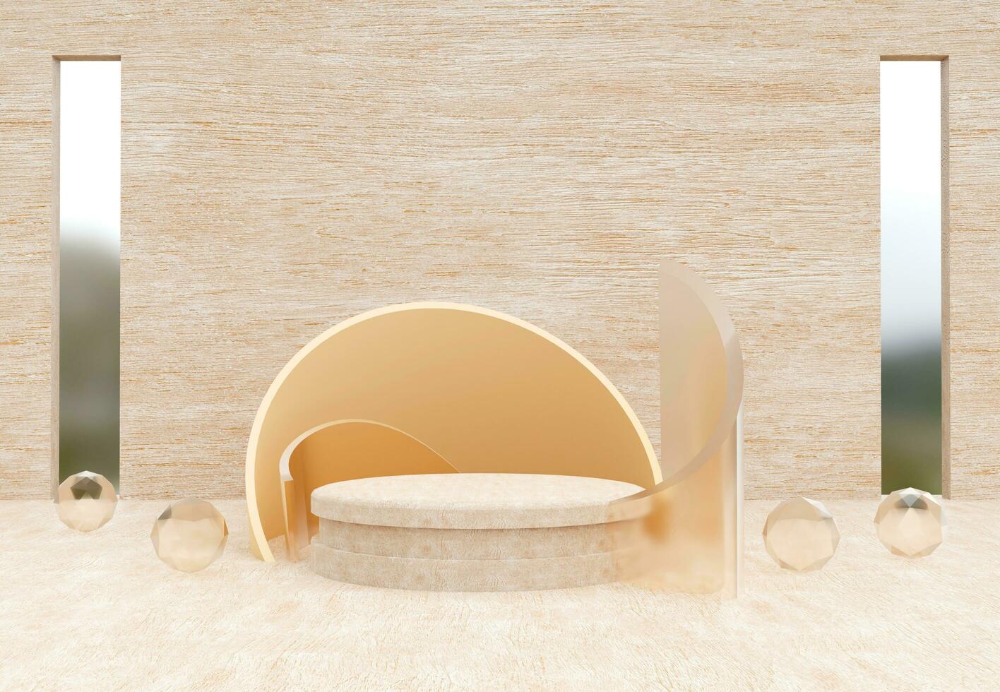 Wood podium with clear glass balls. Stand to show products. Stage showcase with modern natural scene. Pedestal display. 3D rendering. Studio platform template. photo