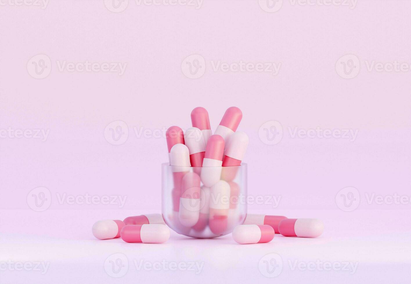 linda rosado medicina pastillas pequeño pastillas cápsula. 3d representación. farmacia y cuidado de la salud concepto. drogas conciencia. foto