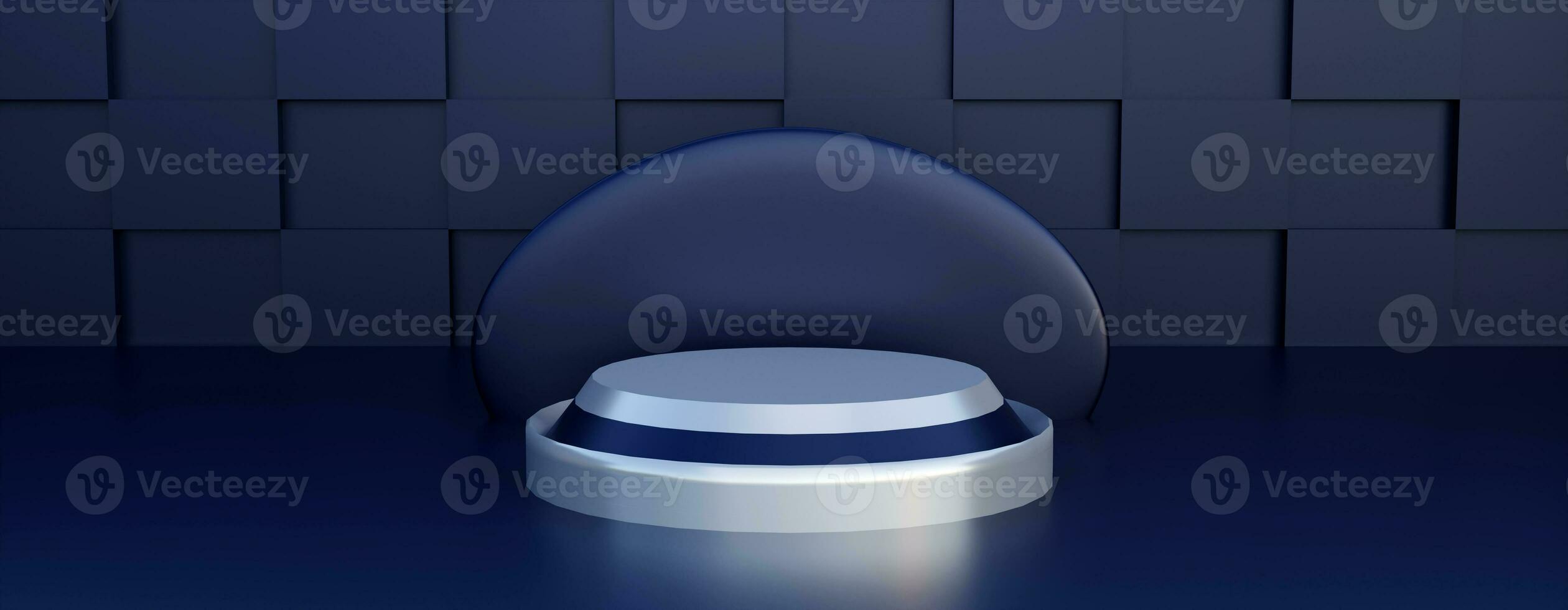 Silver podium with deep blue wall. Stand to show products. Stage showcase with copy space. Pedestal display. Banner size. Website cover template. 3D rendering. photo