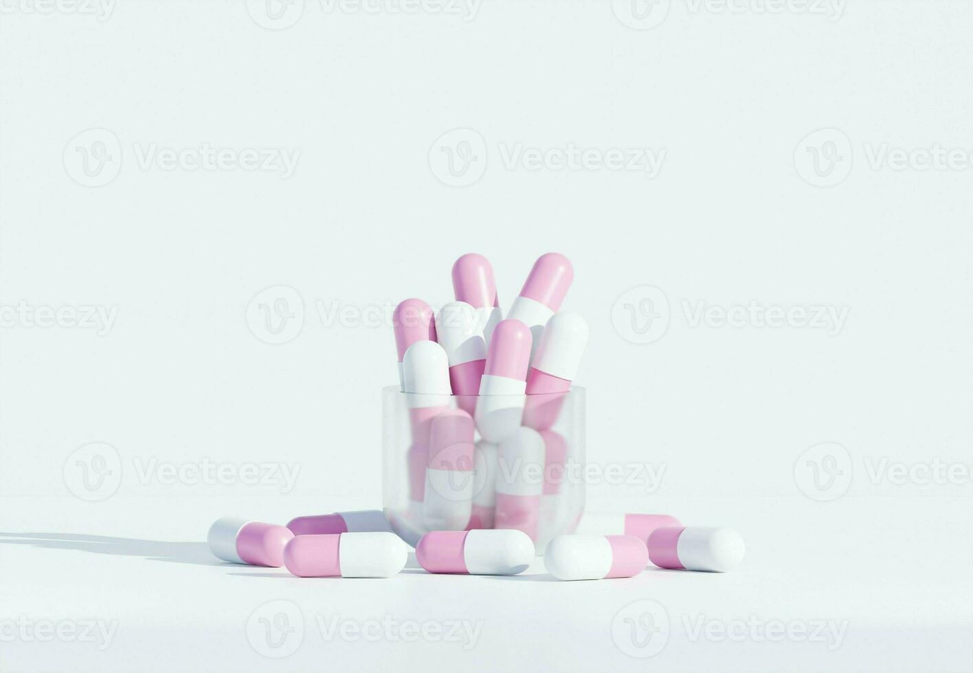 Cute Pink Medicine Pills. Small pills capsule. 3D Rendering. Pharmacy and Healthcare concept. Drugs awareness. photo